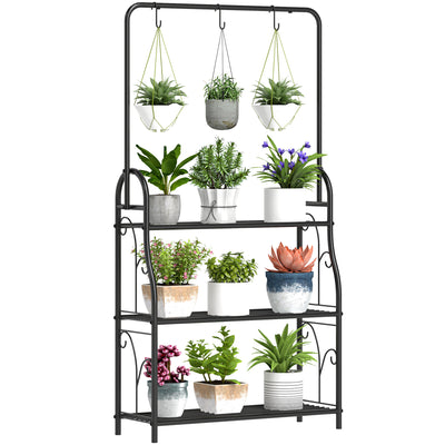Outsunny 3 Tier Plant Stand with Hanging Rod and Hooks, Metal Plant Rack Shelf, Ladder Flower Pot for Indoor Outdoor Porch Balcony Living Room Bedroom, Black 