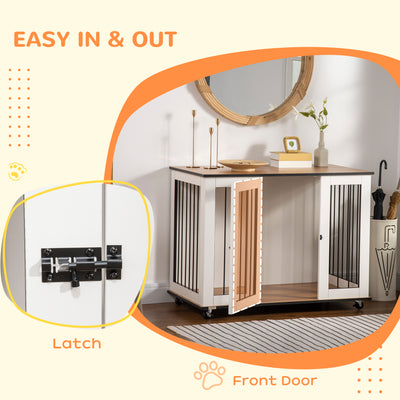 PawHut Dog Crate Furniture, Dog Cage End Table with Wheels, Lockable Door, for Medium Dogs, 106 x 60 x 82 cm - White 