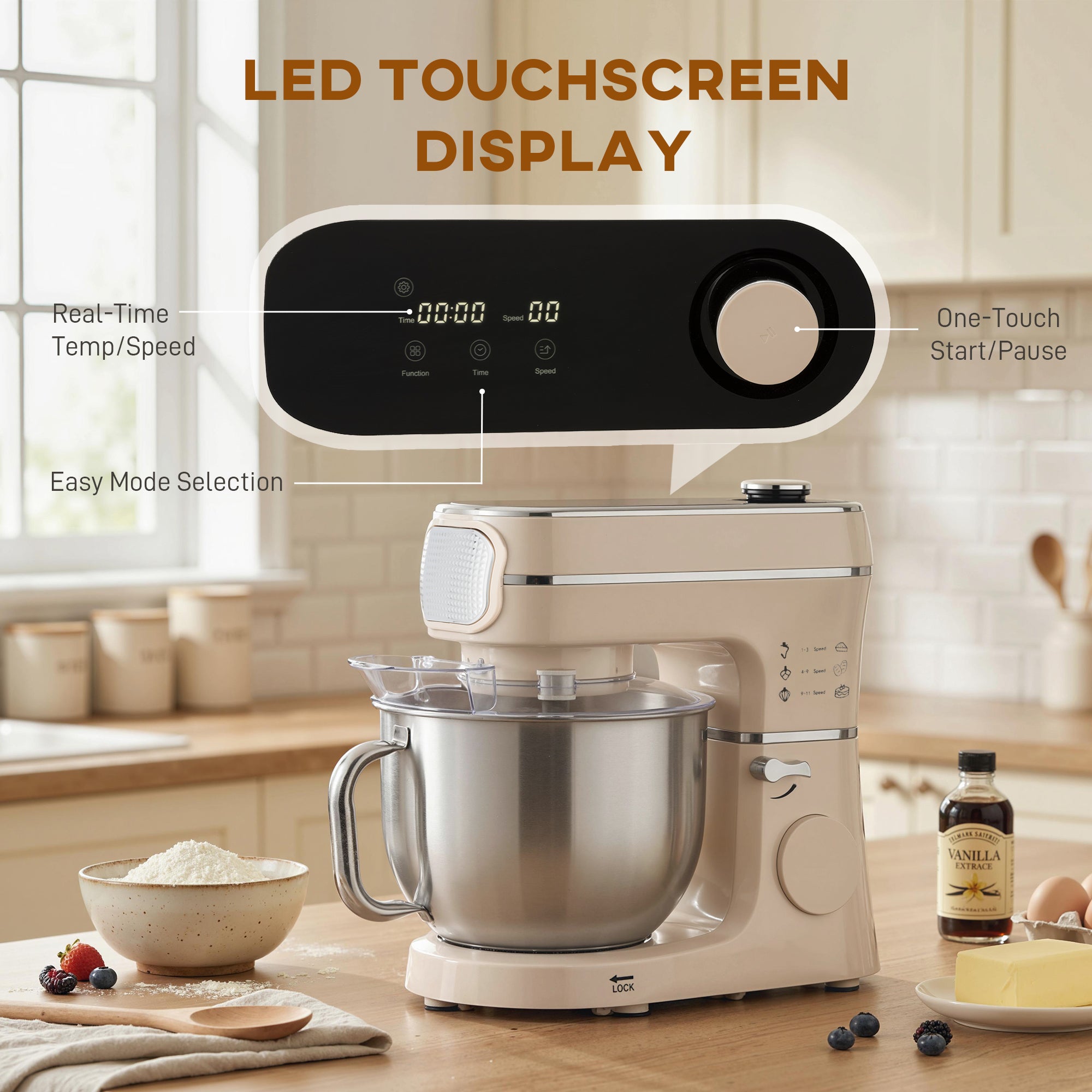 HOMCOM Stand Mixer, 6L 1400W Tilt-Head Food Mixer with 11 Speeds, Pulse & Fermentation Function, LED Display, Cream 