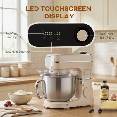 HOMCOM Stand Mixer, 6L 1400W Tilt-Head Food Mixer with 11 Speeds, Pulse & Fermentation Function, LED Display, Cream 