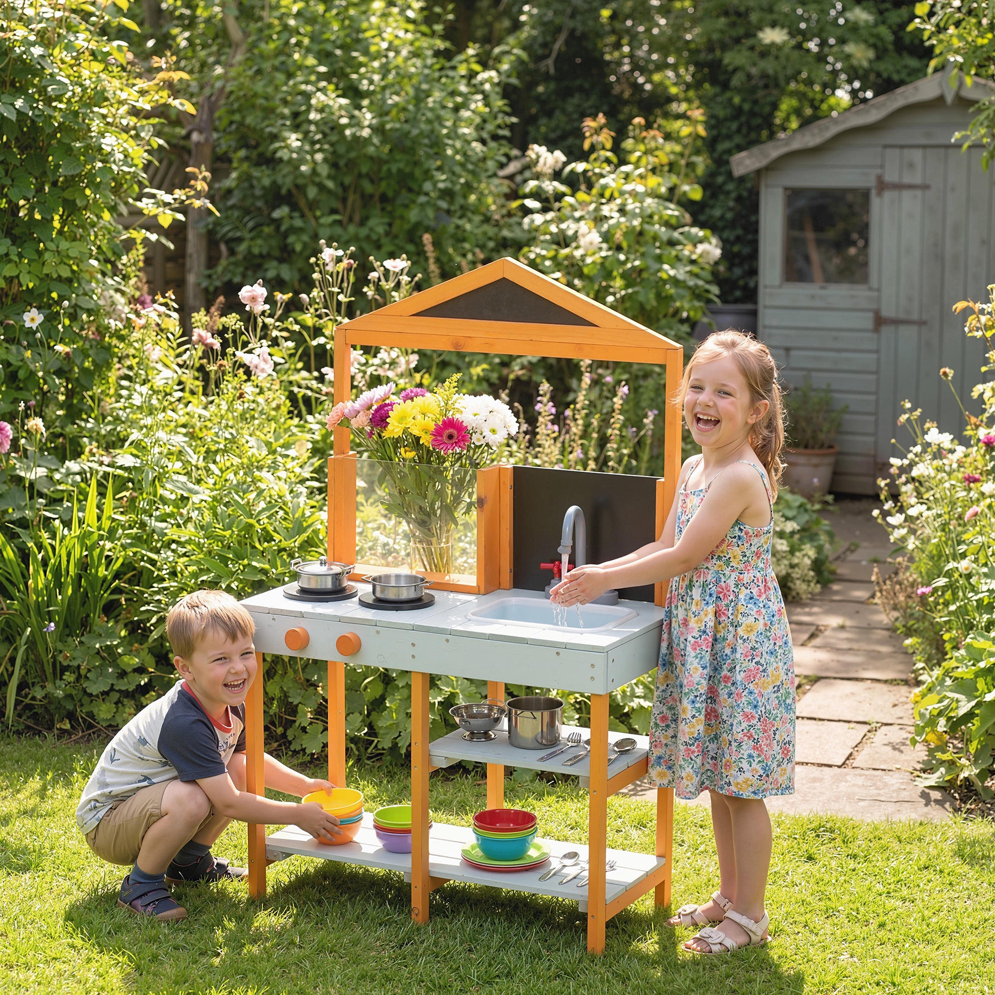 AIYAPLAY Mud Kitchen for Kids, Outdoor Wooden Play Kitchen with Sink, Stove, Cookware, Shelves, Pretend Play Toy for Ages 3-8 