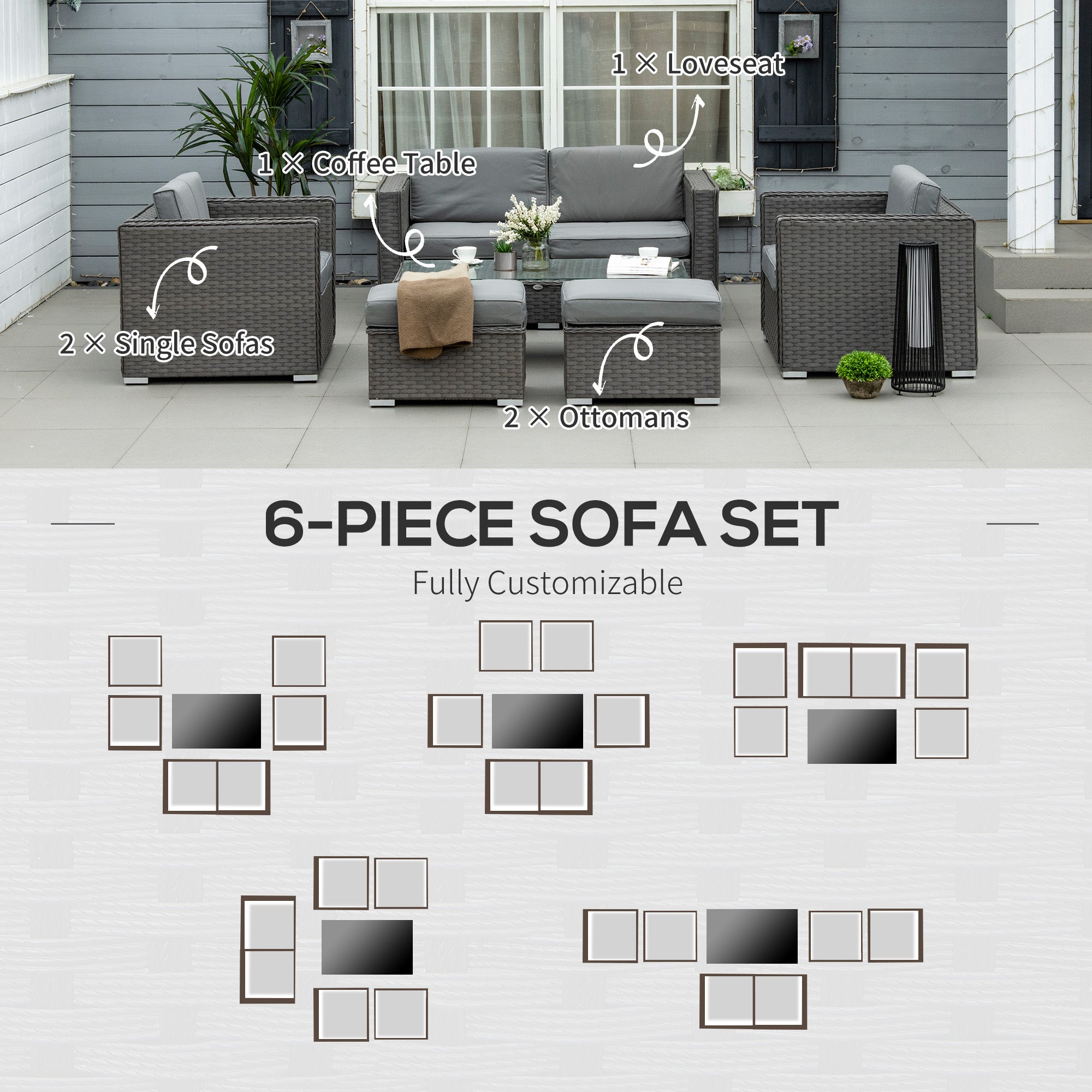 Outsunny 6PC Garden Rattan Sofa Set Bonzer Outdoor Furniture Patio Table Loveseat Stool Lounging Ottoman Aluminium Frame Wicker Weave Conservatory Grey 