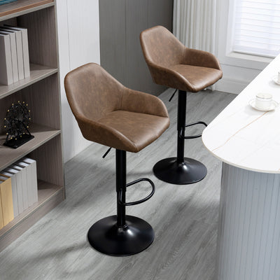 HOMCOM Bar Stools Set of 2, Height Adjustable Swivel Barstools, PU Leather Kitchen Stools with Backs, Armrests and Footrest for Home, Counter and Dining Room, Dark Brown 
