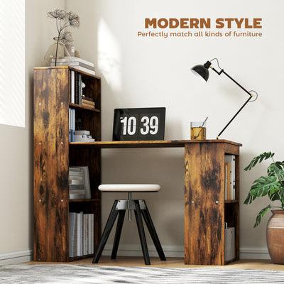 HOMCOM 120cm Computer Desk, Wooden PC Laptop Table with 6-Tier Storage Bookshelves, Home Office Working Study Desk, Writing Workstation, Rustic Brown Wood-Effect 