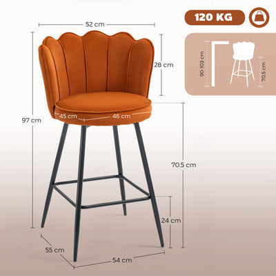 HOMCOM Set of Two Velvet-Feel Lotus Bar Stools - Orange 