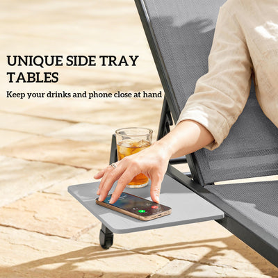Outsunny Sun Loungers Set of 2 with Side Tray Table, Garden Recliners with 5-Position Adjustable Backrest, 2 Wheels, Grey 