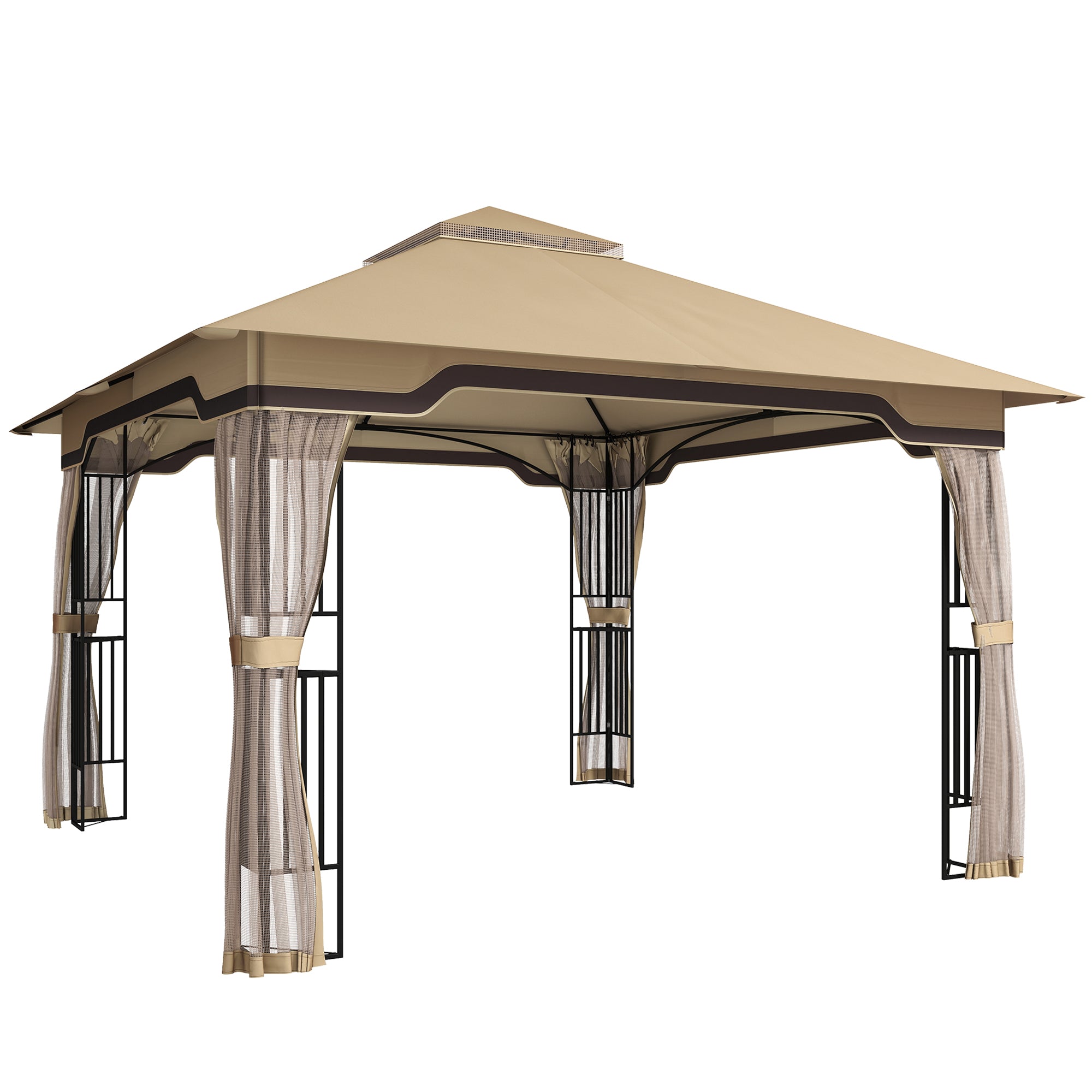Outsunny 3.3 x 3.3 m Outdoor Garden Gazebo with Post Shelves, UPF50+ Patio Permanent Pavilion with Hook, Khaki 