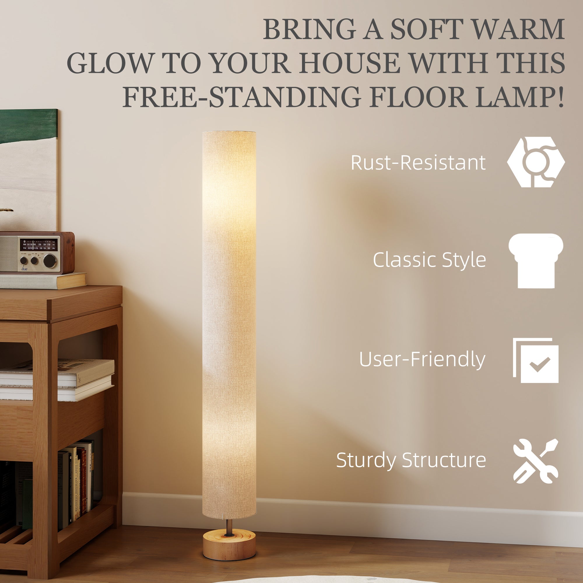 HOMCOM LED Floor Lamp for Living Room, 120cm Modern Standing Lamp with 3000K/4500K/6500K Colour Temperatures, Linen Shade and Wooden Base, Grey