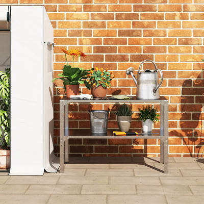 Outsunny 2 Tier Potting Bench Table, Galvanised Steel Garden Planting Work Bench Workstation with Storage Shelf for Outdoor, Patio, Greenhouse, 110 x 50 x 75 cm, Silver Tone 