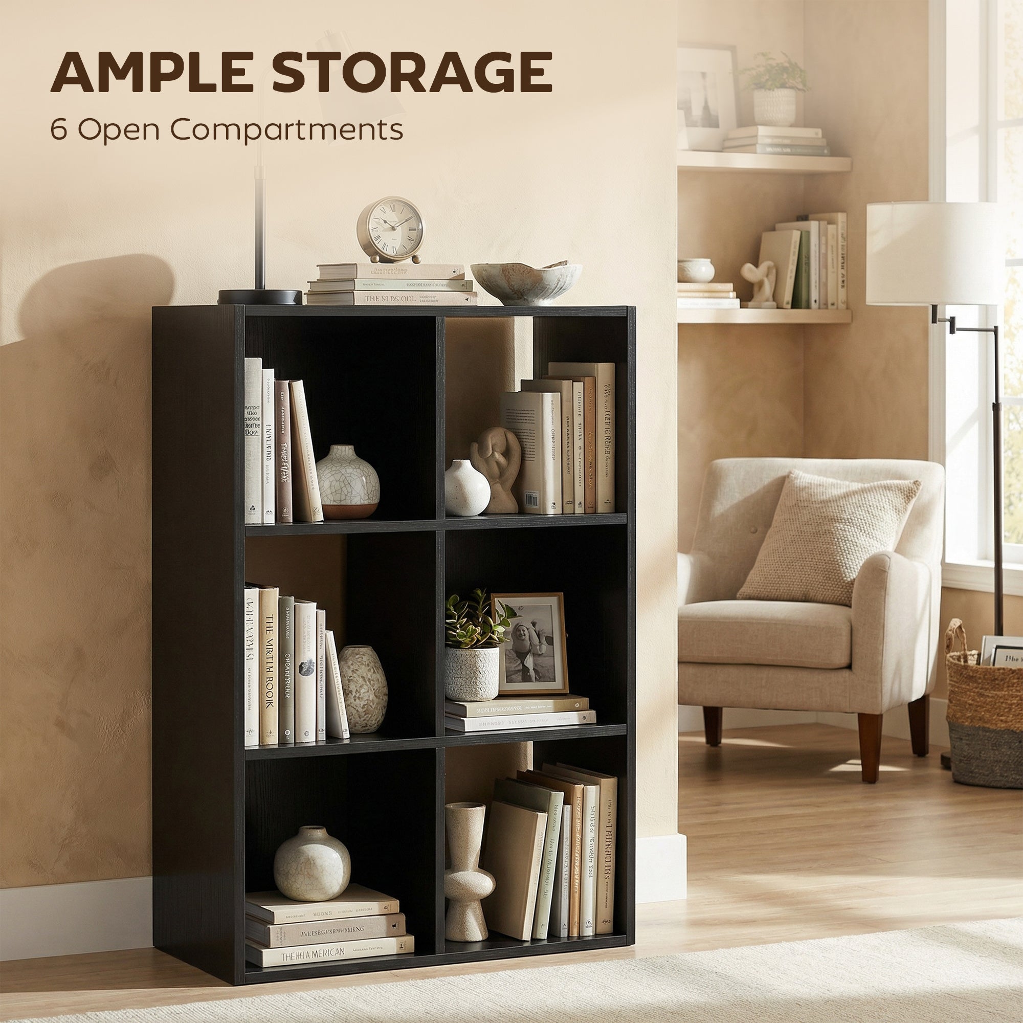 HOMCOM Industrial Style Storage Shelf, Bookcase, Bookshelf with 6 Compartments, for Living Room, Home Study, Black Wood Effect 