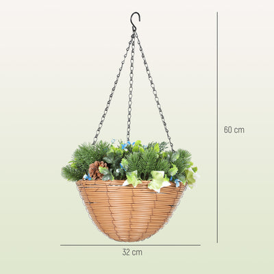 HOMCOM Pack of 2 Faux Plant Artificial Lisianthus Flowers, Hanging Planters with Basket, PE Leaves, 18 Flowers and 3 Pinecones, Decorative Faux Plants for Home Office Decor, Green 