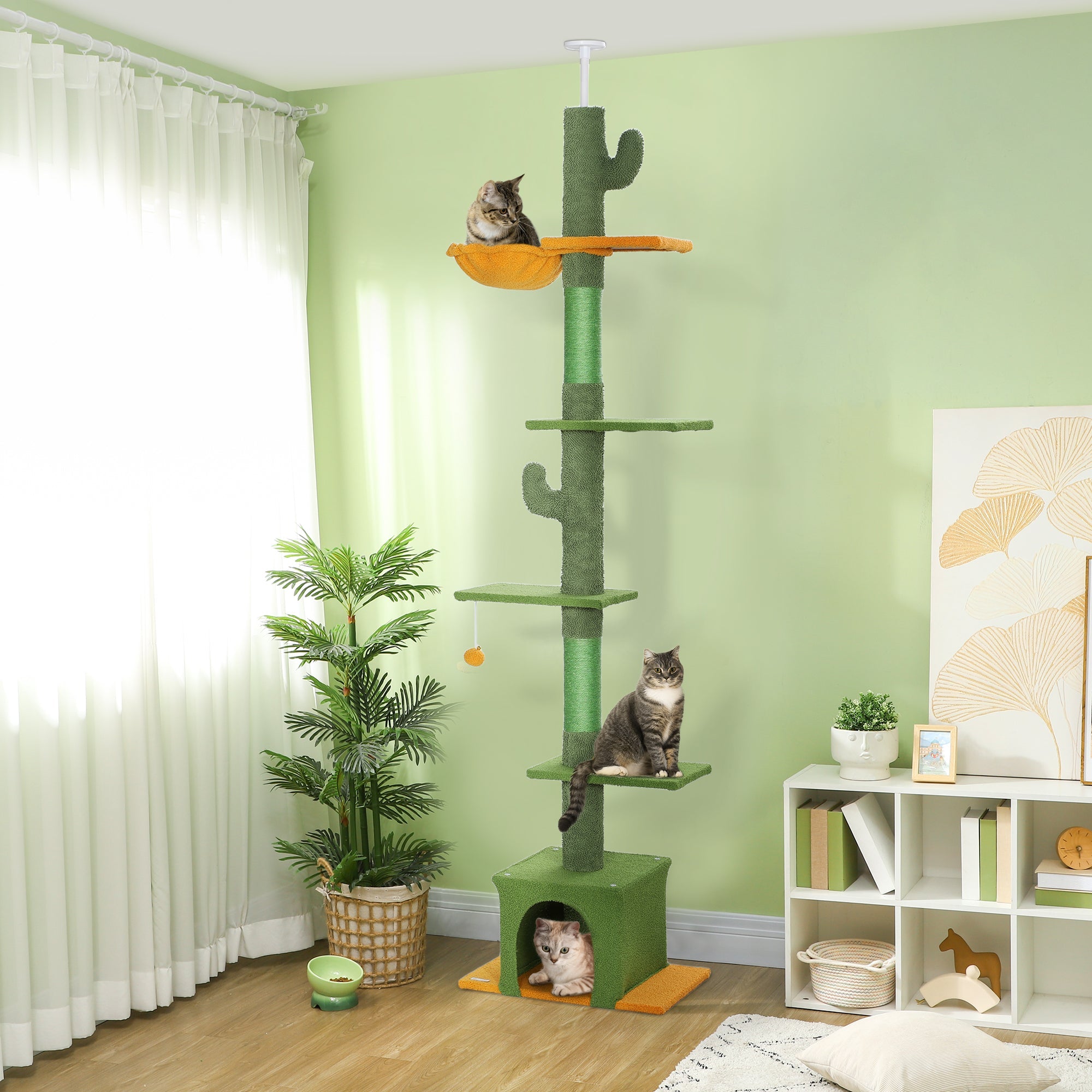 PawHut 230-275cm Floor-to-Ceiling Adjustable Cat Tree with Scratching Posts, Hammock 
