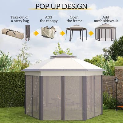Outsunny 3 x 4m Garden Gazebo Hexagon Pop Up Party Tent Canopy Double Roof Instant Shelter with Netting and Carry Bag for Outdoor Patio, Beige 
