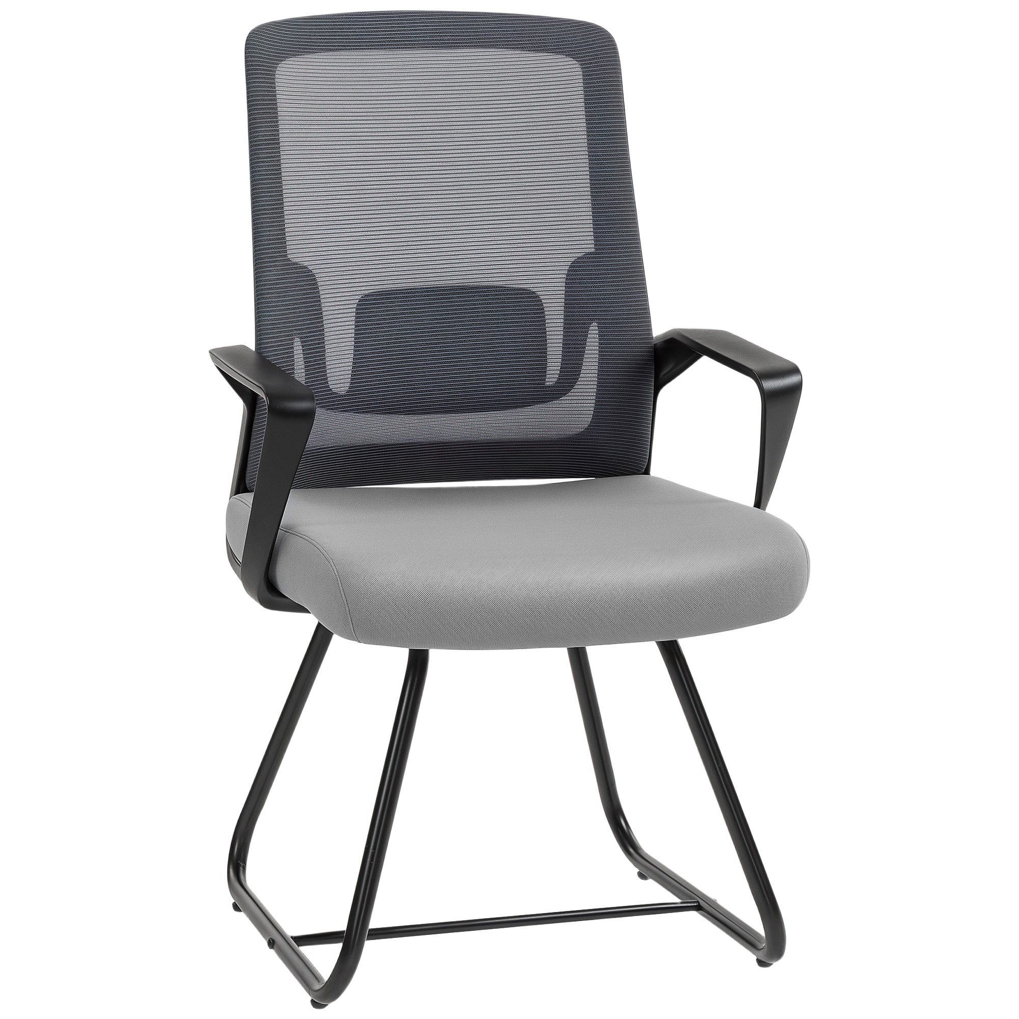 HOMCOM Desk Chair No Wheels, Office Chair with Mesh Back, Lumbar Support, Metal Base for Waiting Room, Conference Room, Dark Grey 
