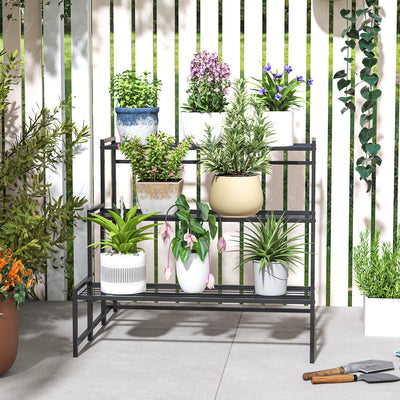 Outsunny Three-Tier Metal Plant Shelf - Black 
