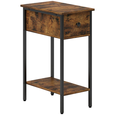 HOMCOM Narrow Side Table with Drawer and Storage Shelf - Rustic Brown 