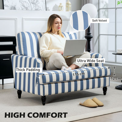 HOMCOM Modern Accent Chair, Velvet Armchair with Stripe, Turned Legs and Wide Seat, Upholstered Snuggle Chair for Living Room, Bedroom, Blue and White 