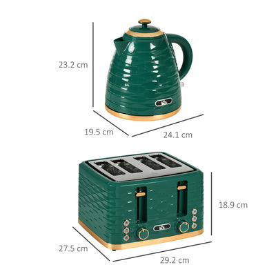 HOMCOM 3000W 1.7L Rapid Boil Kettle & 4 Slice Toaster, Kettle and Toaster Set with 7 Browning Controls and Crumb Tray, Green 