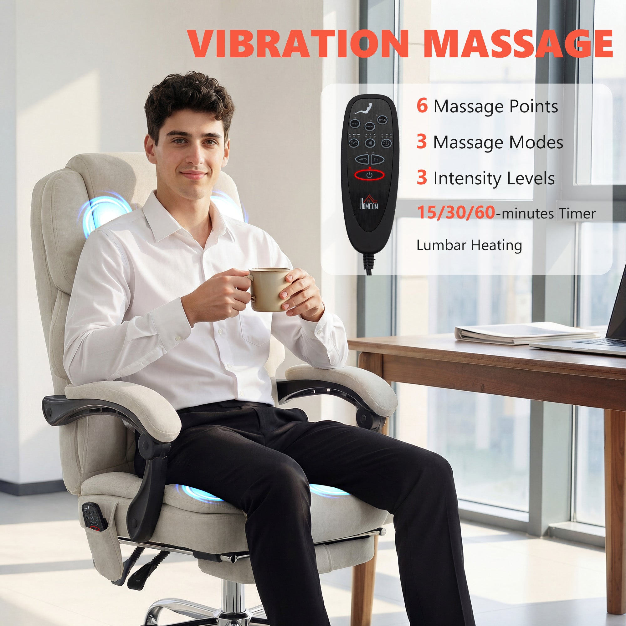 HOMCOM Office Chair with 6-point Vibration Massage and Heat, Fabric Desk Chair with Footrest, High Back, Cream White 
