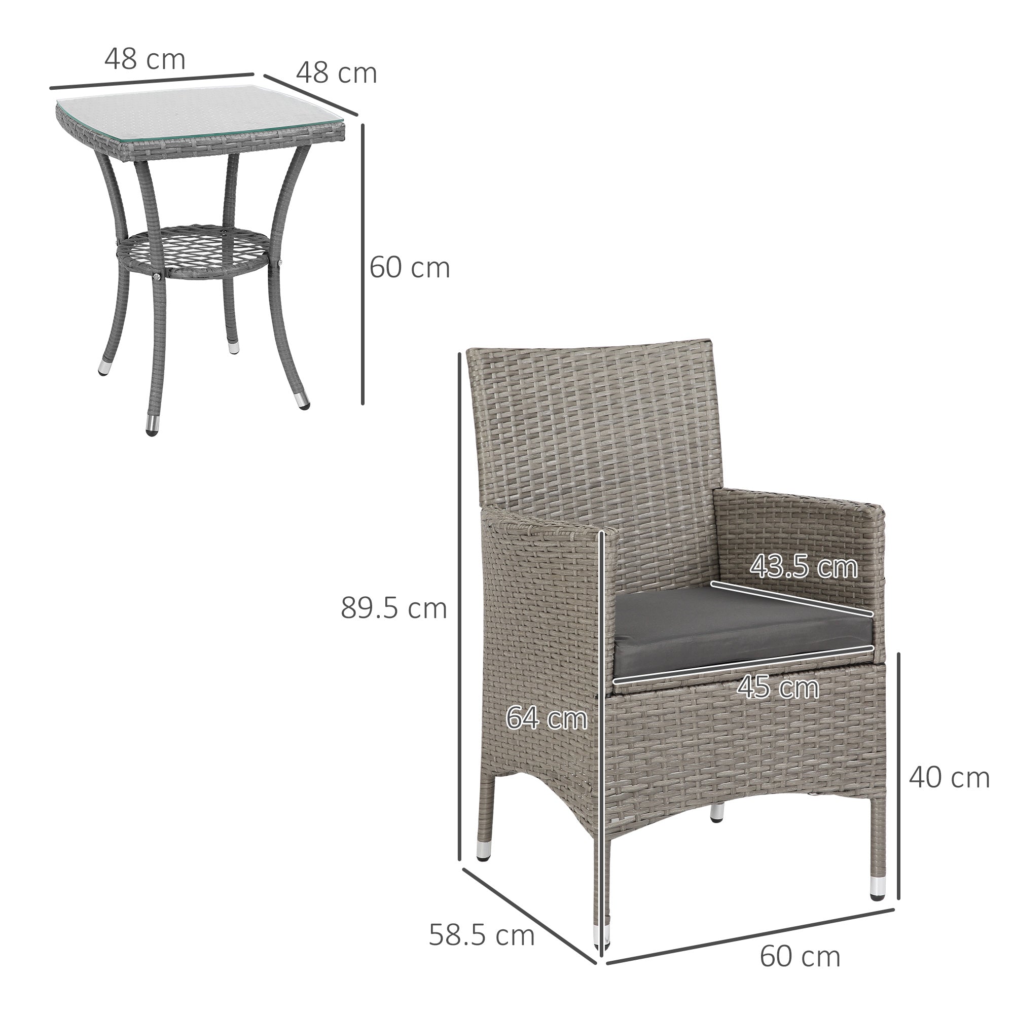 Outsunny 3 Pieces Rattan Bistro Set, Wicker Garden Furniture Set with 2-Tier Coffee Table and Chairs, Washable Cushions, for Outdoor Patio Balcony, Grey 