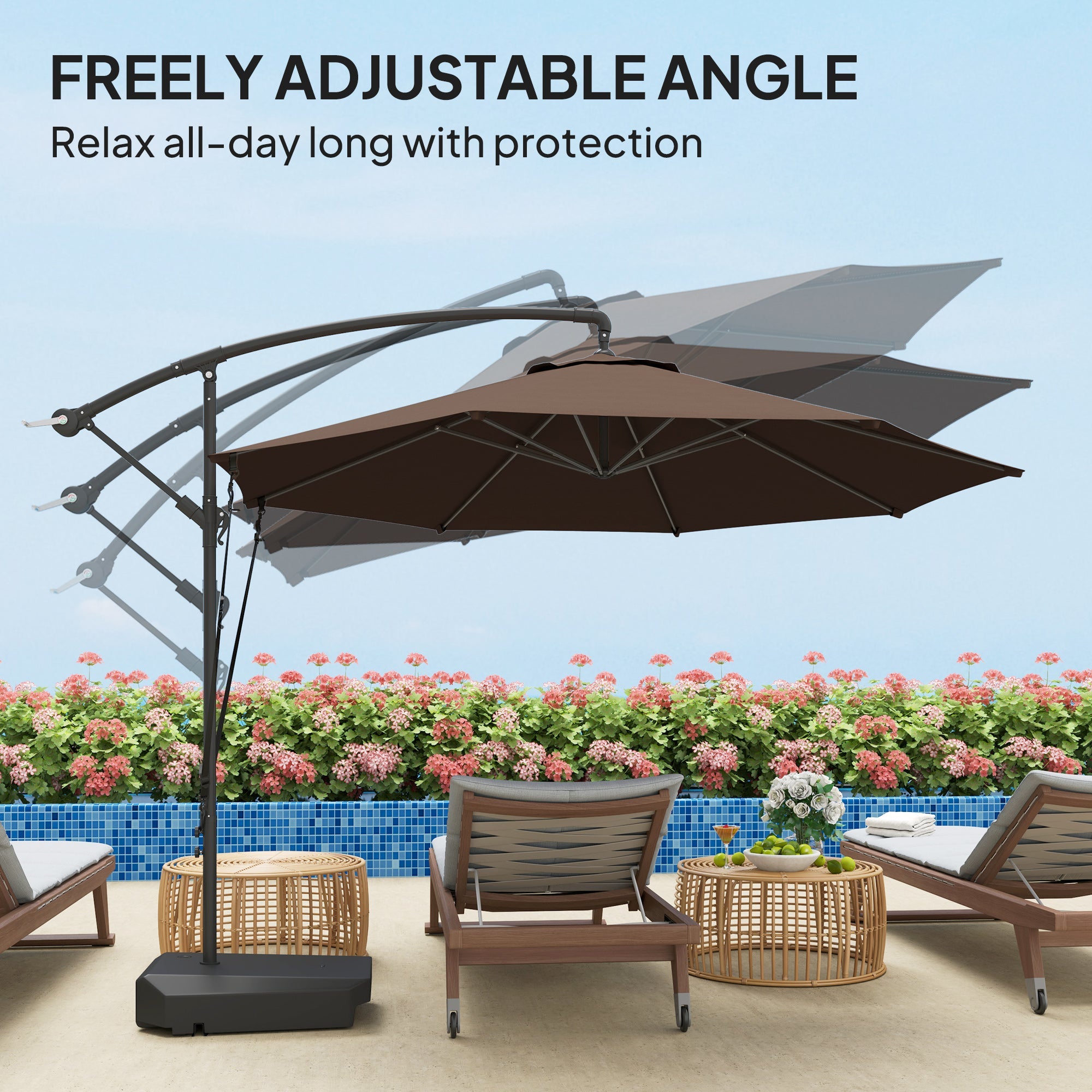 Outsunny 3(m) Garden Cantilever Parasol with Fillable Base, Wind Protection Strap, Cover, Round Banana Hanging Umbrella with Crank Handle and Tilt, Patio Umbrella for Outdoor Sun Shade, UPF50+, Brown 