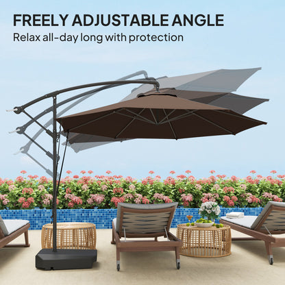 Outsunny 3(m) Garden Cantilever Parasol with Fillable Base, Wind Protection Strap, Cover, Round Banana Hanging Umbrella with Crank Handle and Tilt, Patio Umbrella for Outdoor Sun Shade, UPF50+, Brown 