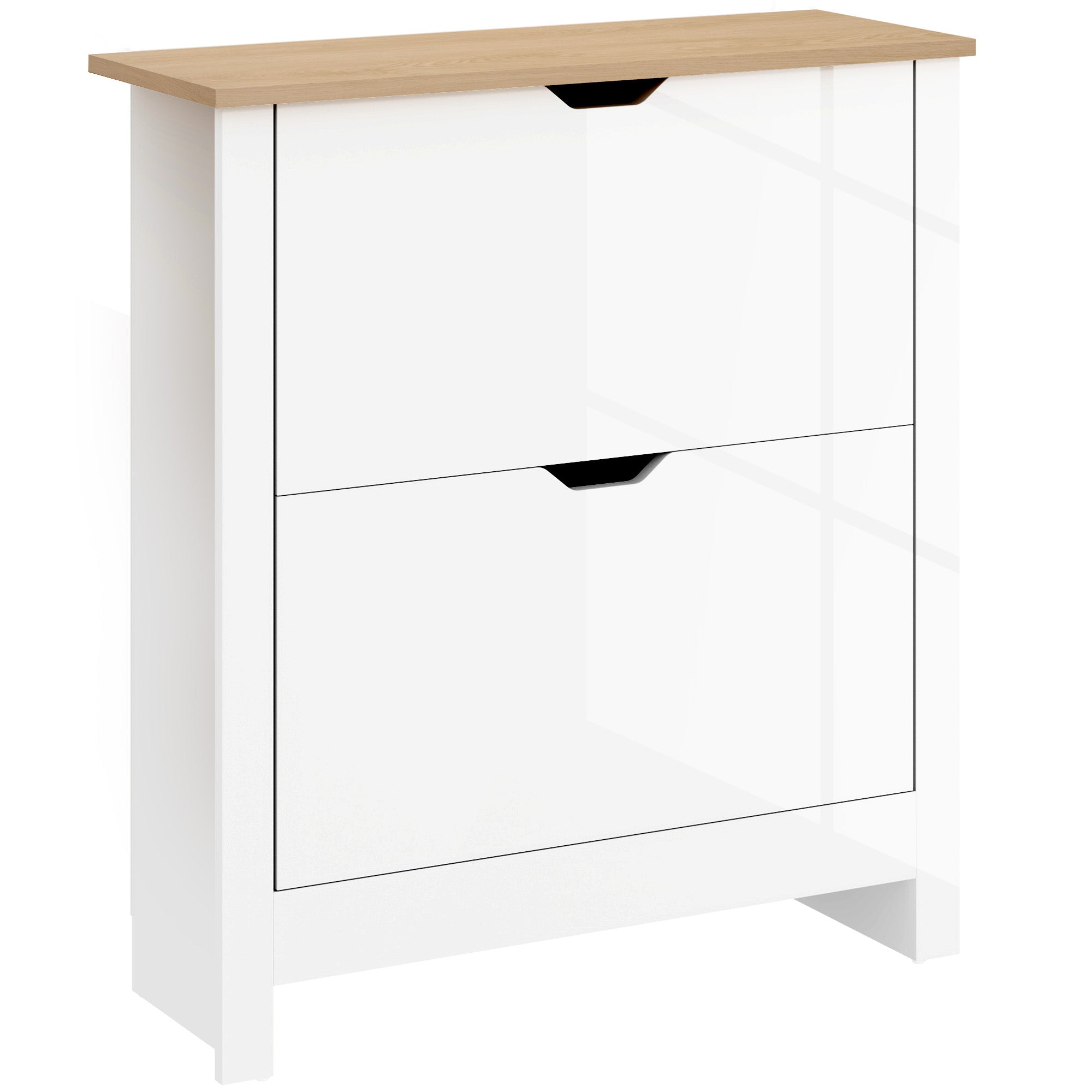 HOMCOM Slim Shoe Cabinet, Narrow Shoe Cupboard with 2 Flip Drawers, Adjustable Shelves for 12 Pairs of Shoes, High Gloss White 