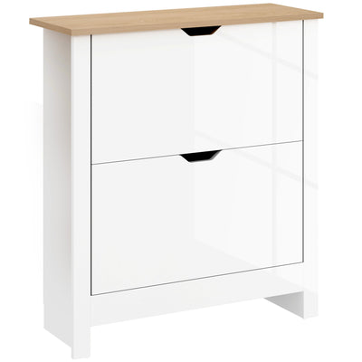 HOMCOM Slim Shoe Cabinet, Narrow Shoe Cupboard with 2 Flip Drawers, Adjustable Shelves for 12 Pairs of Shoes, High Gloss White 