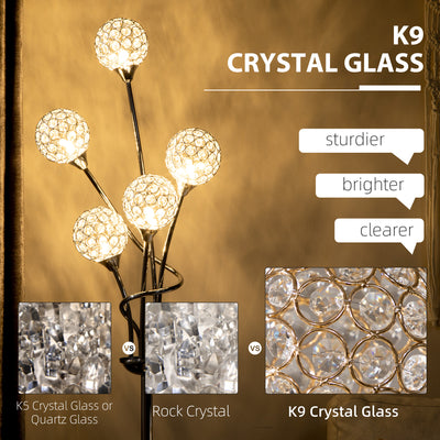 HOMCOM Crystal Floor Lamps for Living Room Bedroom with 5 Light, Modern Upright Standing Lamp, 34x25x156cm, Silver 