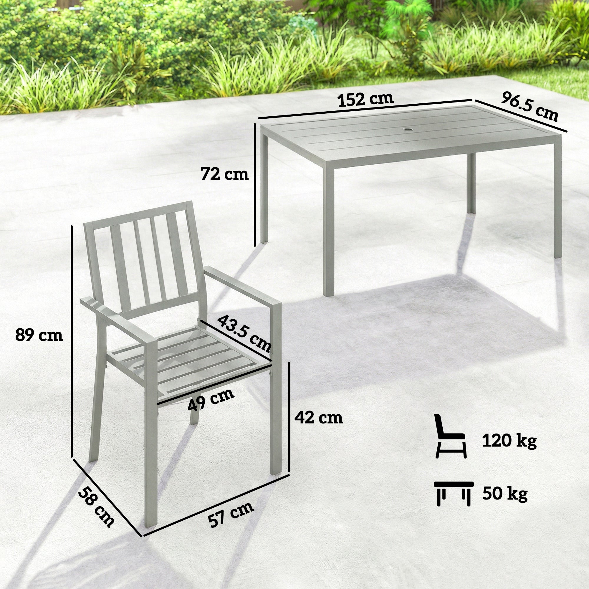 Outsunny Garden Table and Chairs for 6, 7 Pieces Garden Furniture Set with Table, 6 Stackable Chairs and Umbrella Hole Light Grey 