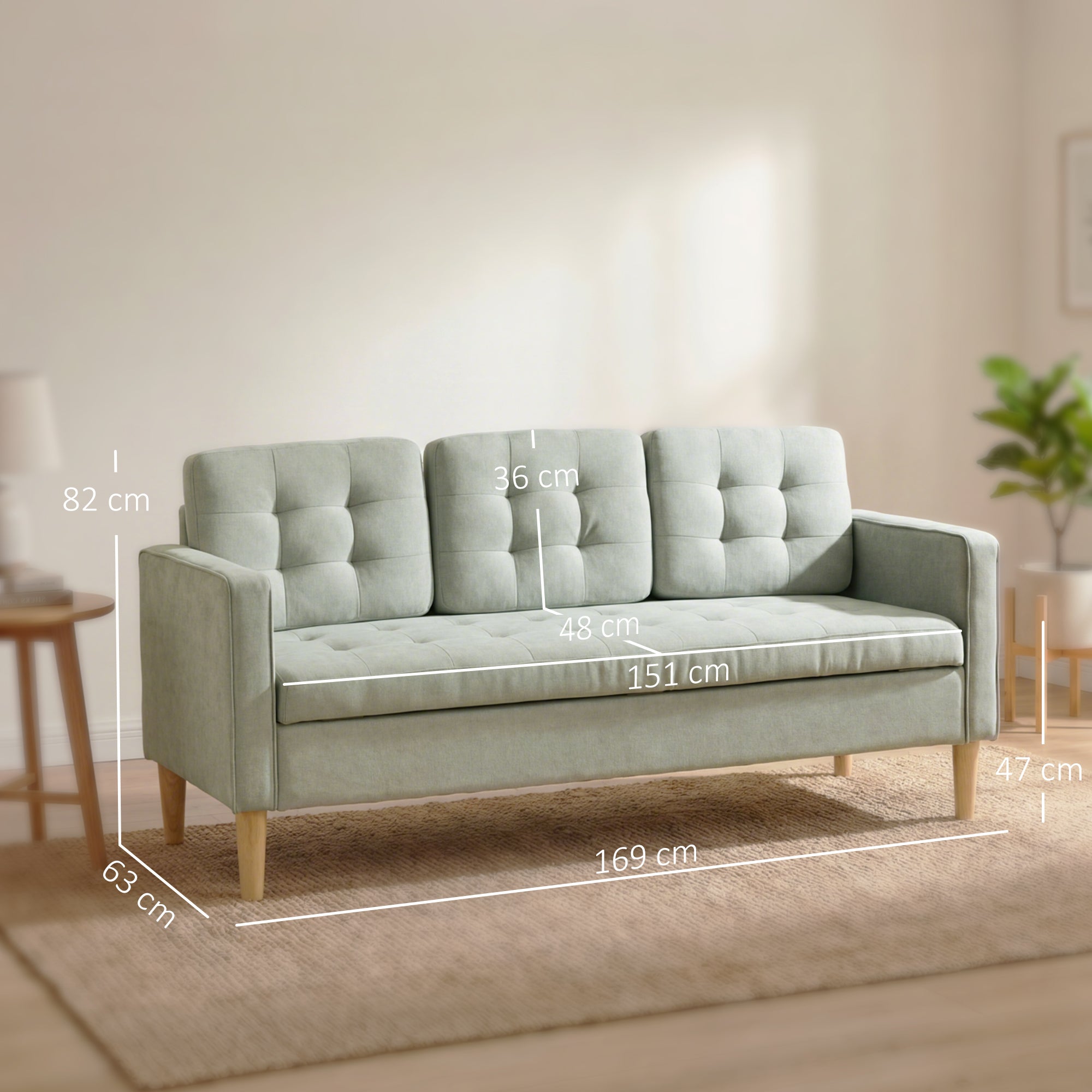 HOMCOM 3 Seater Sofa, 169cm Couch with Hidden Storage, Wood Legs, Light Grey 