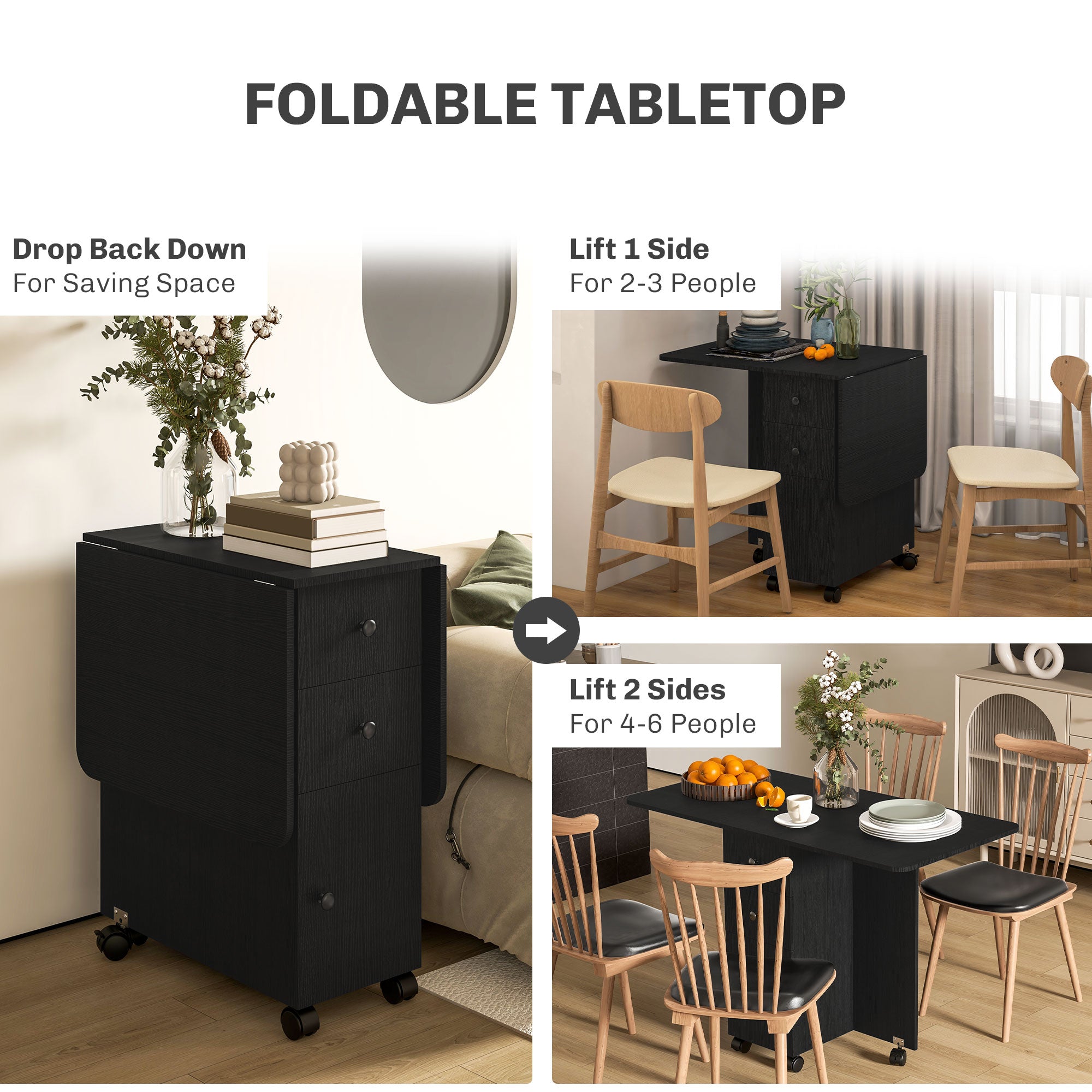 HOMCOM Multi-Storage Six-Person Drop Leaf Dining Table -  Distressed Black 