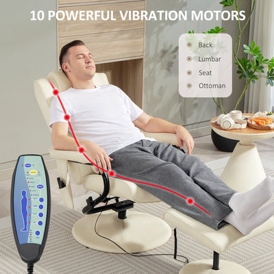 HOMCOM Swivel Recliner Chair and Footstool, Faux Leather Massage Recliner Armchair with Remote Control and Round Wrapped Base, Cream White 