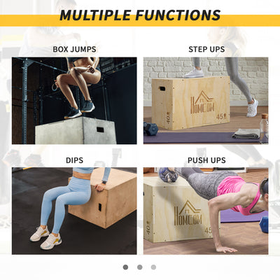 HOMCOM 3-in-1 Wooden Plyo Box, Plyometric Jump Box with Handle Openings for Home Gym, Workout Training, Natural 