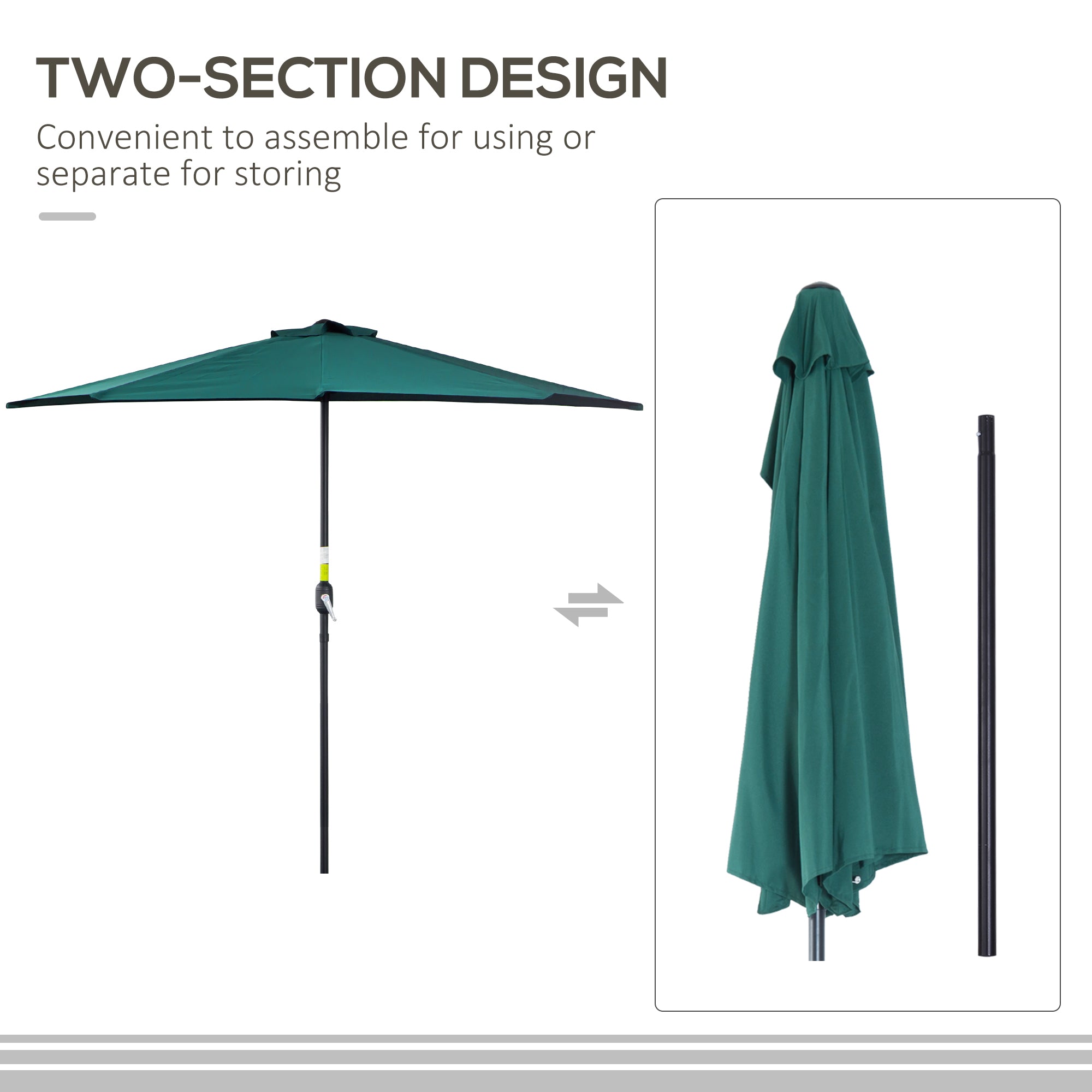 Outsunny 2.7m Garden Half Parasol, Outdoor Balcony Umbrella with 5 Steel Ribs, Patio Sun Shade, Green 