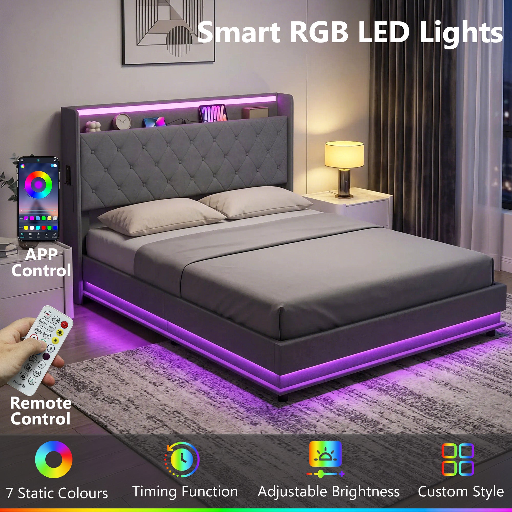 HOMCOM 5ft King Bed Frame with Headboard, Platform Bed Frame with Hydraulic Storage, LED Lights and Charging Station, Grey 