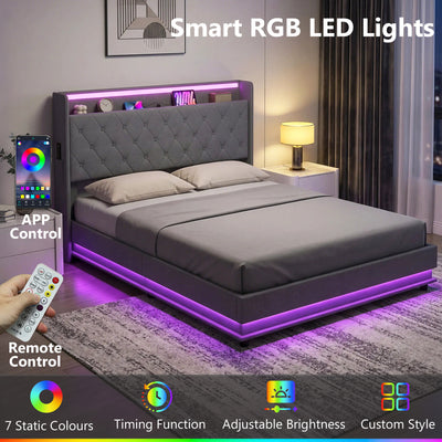HOMCOM 5ft King Bed Frame with Headboard, Platform Bed Frame with Hydraulic Storage, LED Lights and Charging Station, Grey 