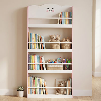 AIYAPLAY 4 Tier Kids Bookshelf, Wall-Mounted Children Bookcase, Toddler Space-Saving Bookcase for Kids Room, Playroom, Pink