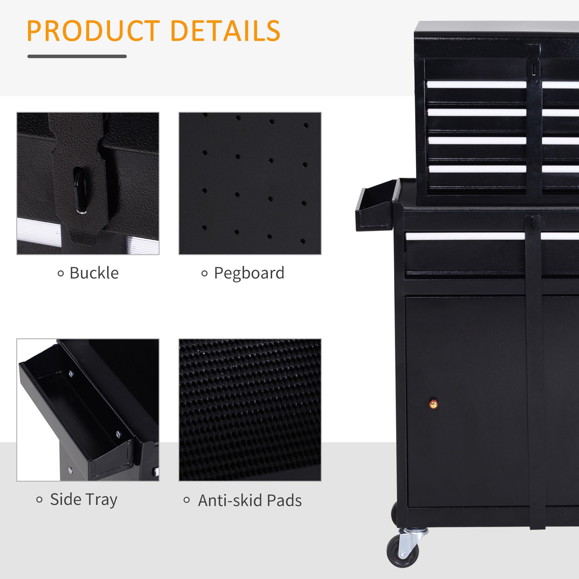 DURHAND Tool Chest 2 in 1 Metal Tool Cabinet Storage Box with 5 Drawers Pegboard Wheels 60x28x104.5cm Black 