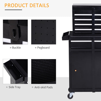 DURHAND Tool Chest 2 in 1 Metal Tool Cabinet Storage Box with 5 Drawers Pegboard Wheels 60x28x104.5cm Black 