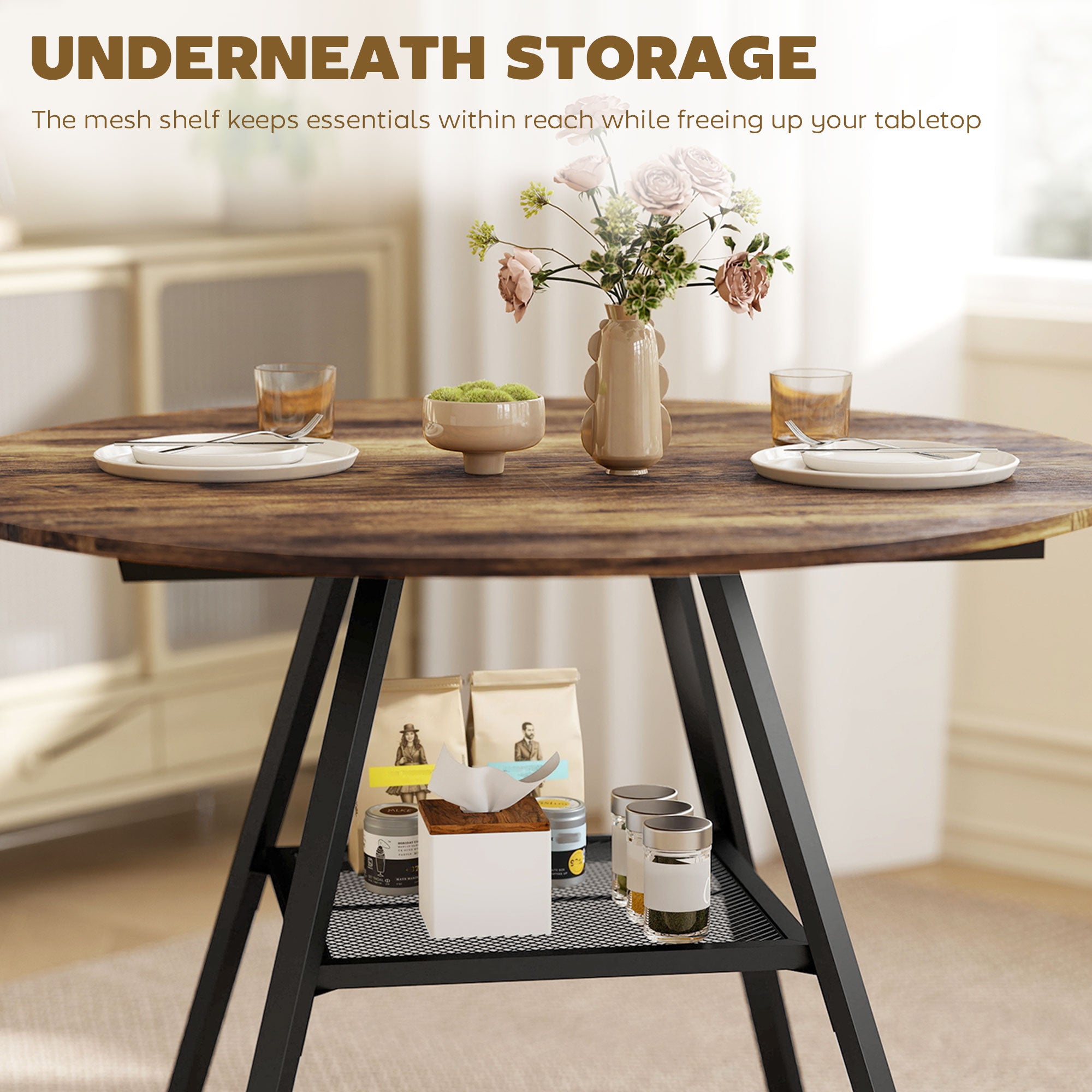 HOMCOM Dining Table for 4 People, 100 cm Round Industrial Kitchen Table with Storage Shelf, Rustic Brown 