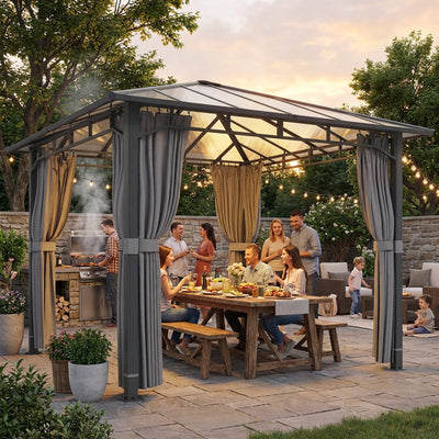 Outsunny 3 x 3 m Outdoor Hardtop Gazebo Canopy with PC Roof, Aluminium Permanent Pavilion Garden Gazebo with Curtains, Tan 