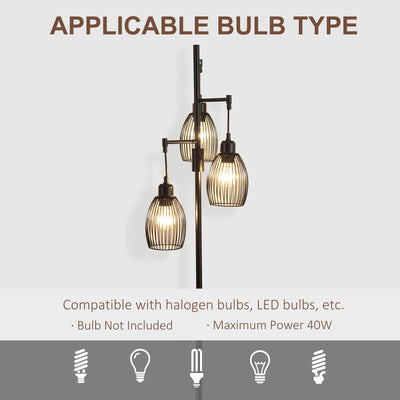 HOMCOM 170cm Industrial 3-Light Floor Lamp, Dimmable Standing Lamp with Steel Lampshades for Living Room, Bedroom, Dinging Room, Study, Black 