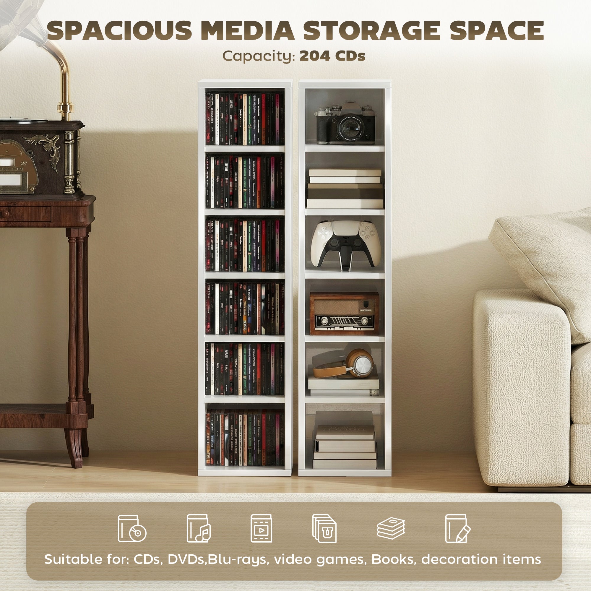 HOMCOM Set of 2 CD Media Display Shelf Unit Tower Rack with Adjustable Shelves, High Gloss White 