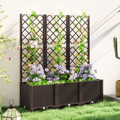 Outsunny Raised Garden Bed with Trellis, Plastic Planter Box with Drainage Holes and Drain Plugs for Climbing Plants, Vegetables, Flowers, Brown 