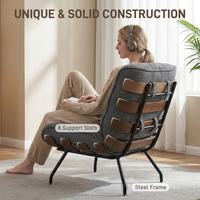 HOMCOM Accent Chair, Linen-look Fabric Reading Chair with Spring Cushion, Slatted Support, Steel Frame, Dark Grey 