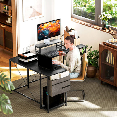 HOMCOM 168cm Reversible L Shaped Desk, Industrial Corner Computer Desk with Adjustable Shelf and Storage Bag, 240cm 2 Person Desk with Monitor Stand, Black 