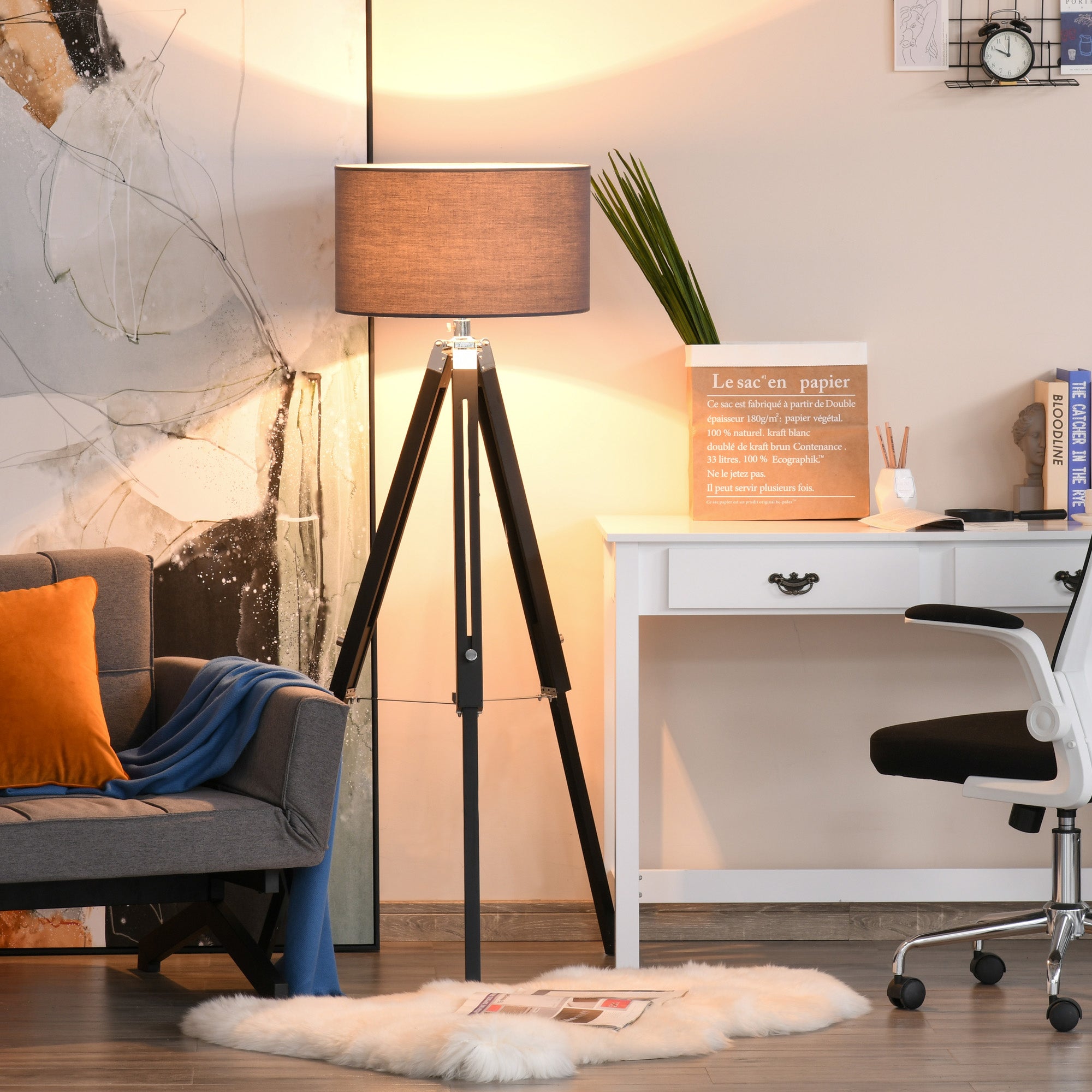HOMCOM Modern Tripod Floor Lamps for Living Room with Fabric Lampshade, Standing Lamp for Bedroom Bulb not Included, Grey and Black 