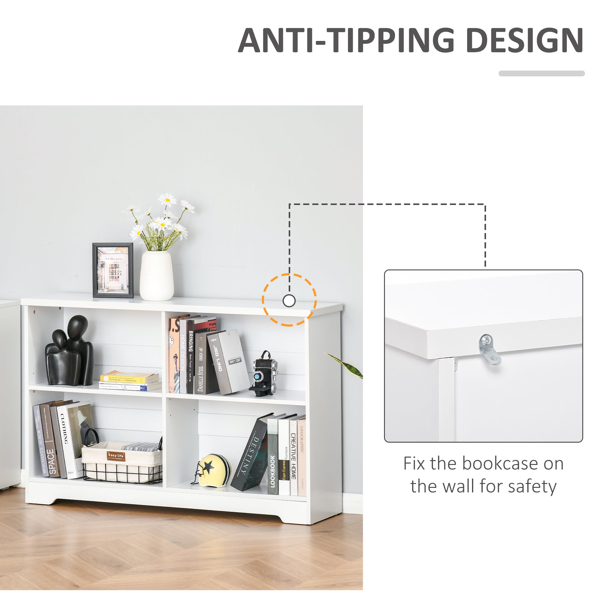 HOMCOM Wooden Cube Bookcase, 2 Tier Open Storage Shelving Unit with 4 Compartments, Freestanding Display Bookshelf for Home Office Living Room Furniture, 118 x 29 x 76cm, White 