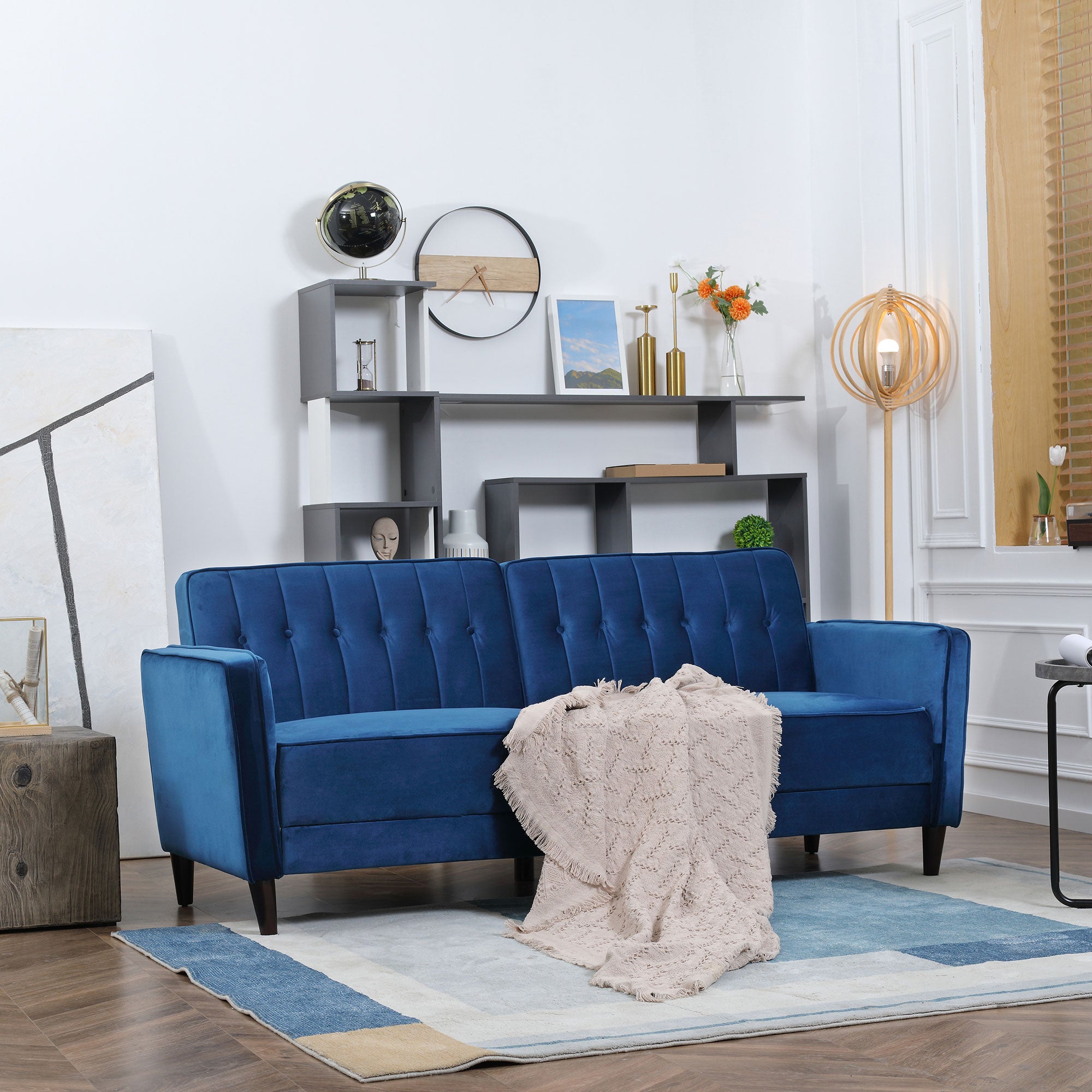 HOMCOM Modern 3 Seater Velvet Sofa Bed, Click Clack Sofa Bed, Button Tufted Sleeper Couch with Split Reclining Backrest and Rubber Wood Legs, Blue